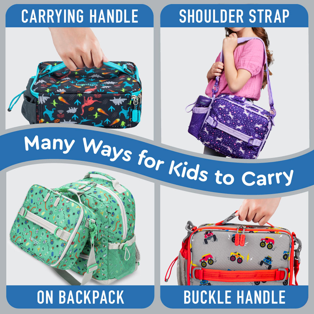 Bentgo® Kids Prints Lunch Bag - Trucks | Many Ways For Kids To Carry - Carrying Handle, Shoulder Strap, On Backpack, And Buckle Handle