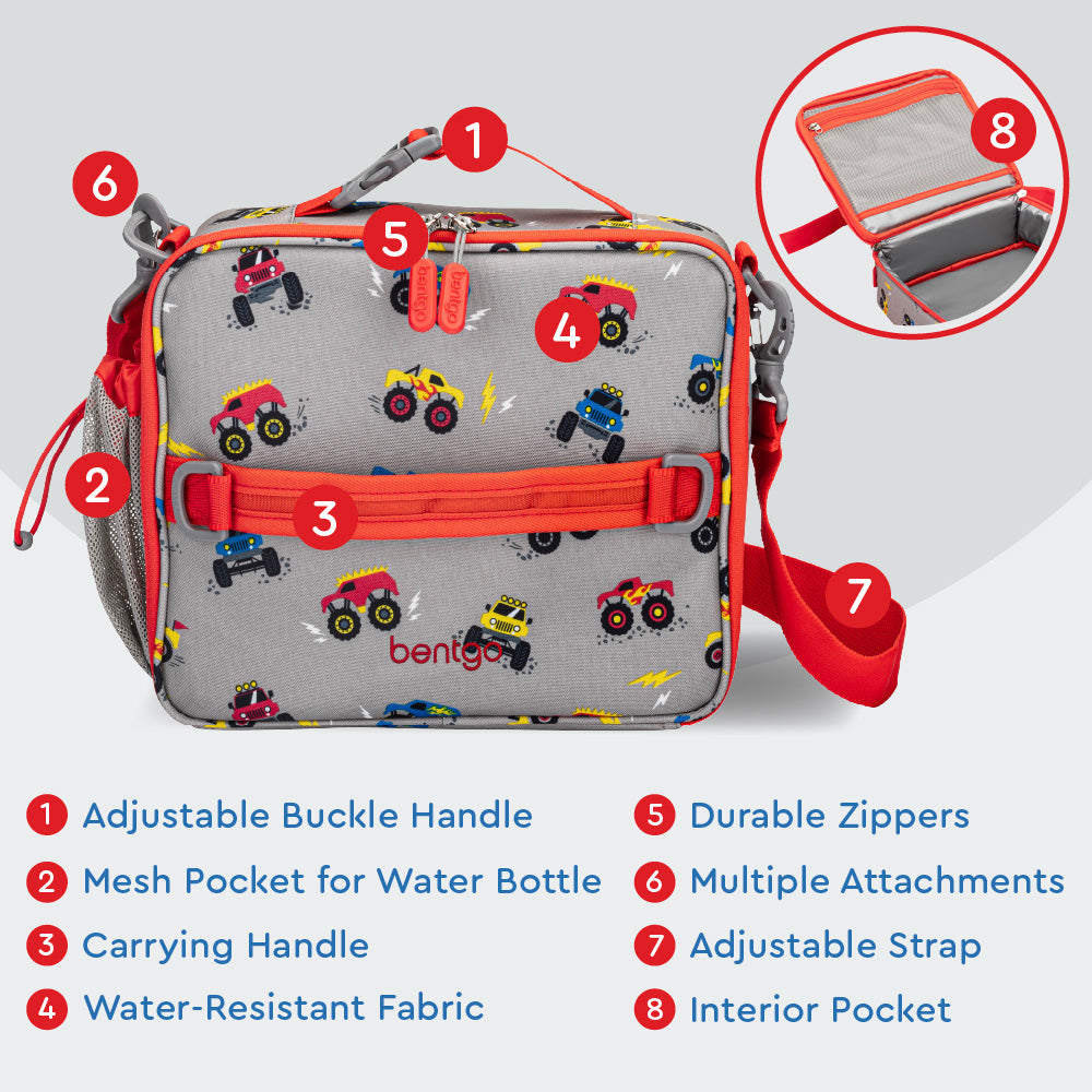 Bentgo® Kids Prints Lunch Bag - Trucks | Adjustable Buckle Handle, Mesh Pocket for Water Bottle, Carrying Handle, Water-Resistant Fabric, Durable Zippers, Multiple Attachments, Adjustable Strap, Interior Pocket