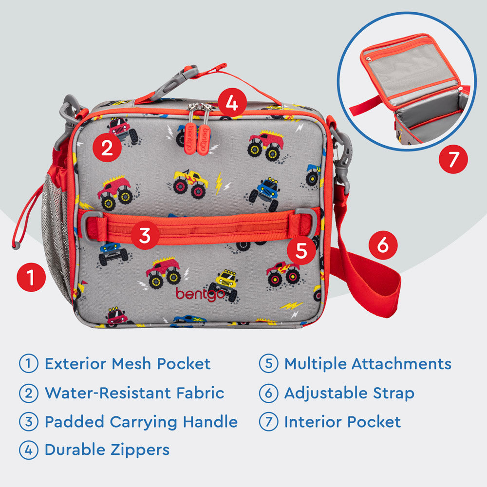 Bentgo® Kids Prints Lunch Bag | Trucks - Lunch Bag Features Include An Exterior Mesh Pocket, Padded Carrying Handle, Durable Zippers, and much more