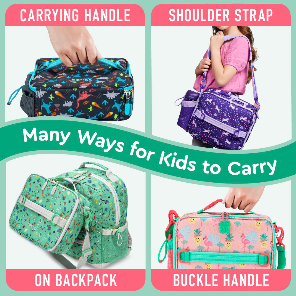 Bentgo® Kids Prints Lunch Bag - Tropical | Many Ways For Kids To Carry - Carrying Handle, Shoulder Strap, On Backpack, And Buckle Handle