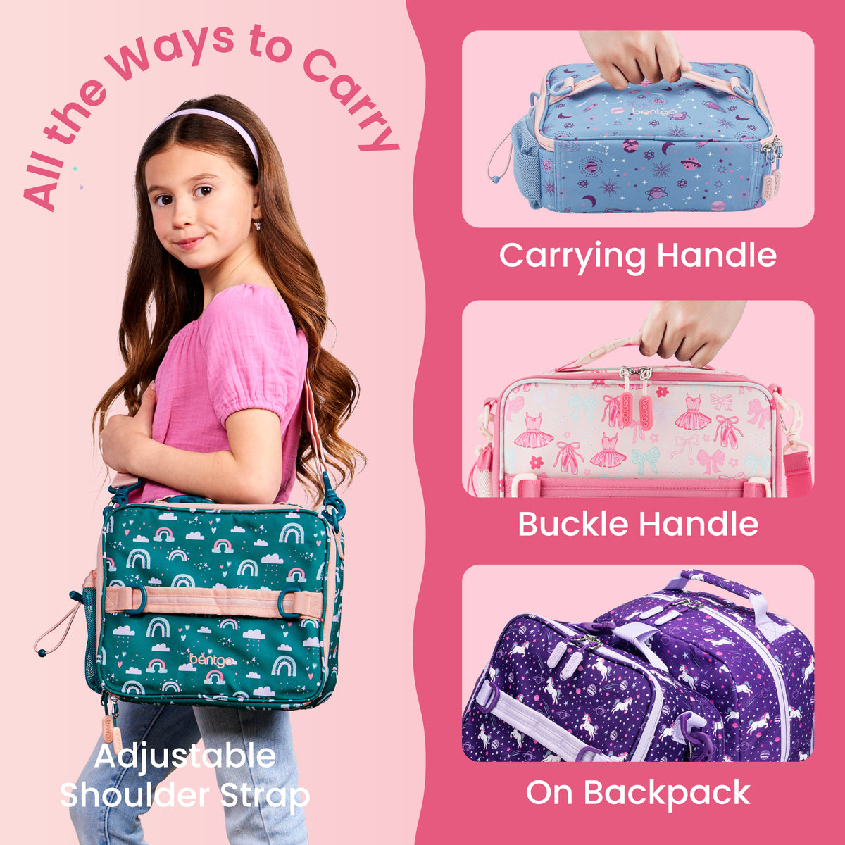 Bentgo® Kids Prints Lunch Bag - Ballet and Bows | All The Ways To Carry - Carrying Handle, Buckle Handle, and On Backpack