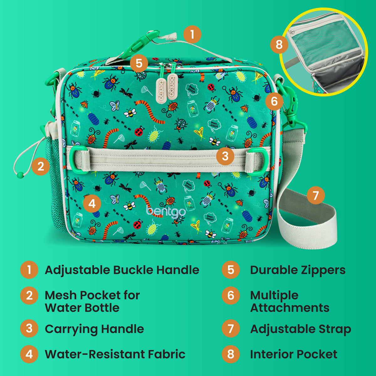 Bentgo® Kids Prints Lunch Bag - Bug Buddies | Adjustable Buckle Handle, Mesh Pocket for Water Bottle, Carrying Handle, Water-Resistant Fabric, Durable Zippers, Multiple Attachments, Adjustable Strap, and Interior Pocket