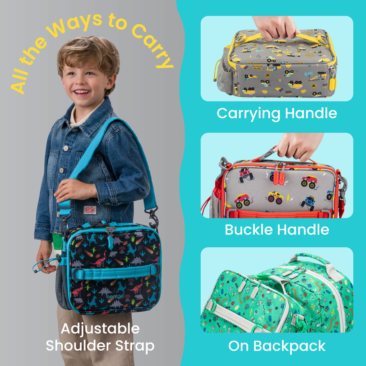 Bentgo® Kids Prints Lunch Bag - Construction Trucks | All The Ways To Carry - Carrying Handle, Buckle Handle, and On Backpack