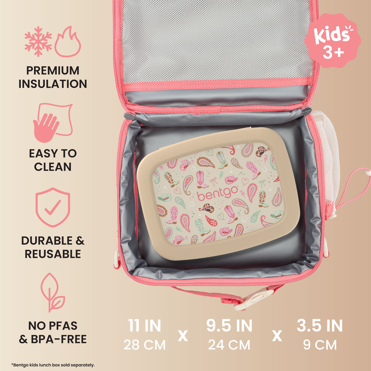 Bentgo® Kids Prints Lunch Bag - Cowgirl Dreams | Premium Insulation, Easy To Clean, Durable & Reusable, and No PFAs & BPA-Free | Product Dimensions