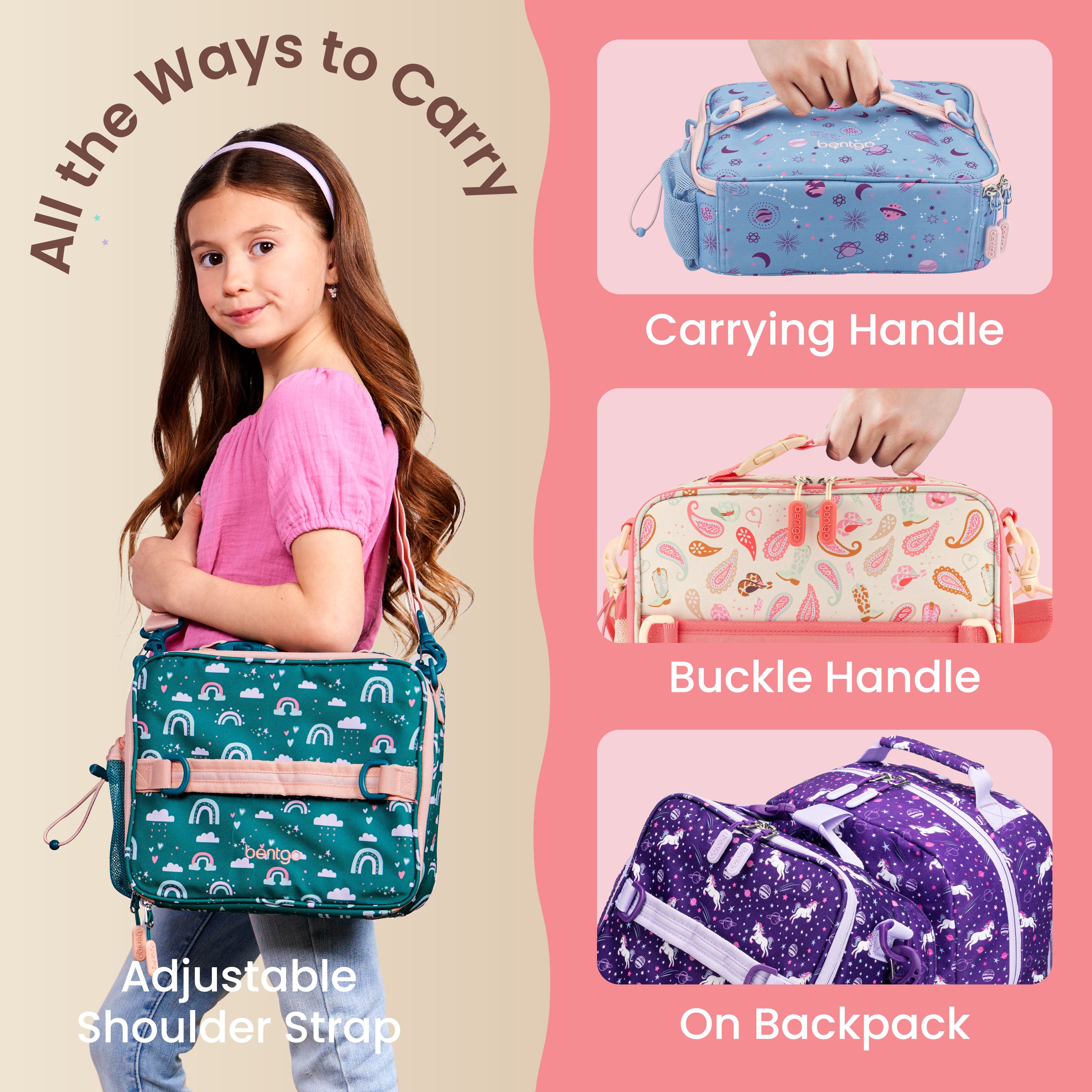 Bentgo Kids Prints Lunch Bag - Cowgirl Dreams | All The Ways To Carry - Carrying Handle, Buckle Handle, On Backpack, And Adjustable Shoulder Strap