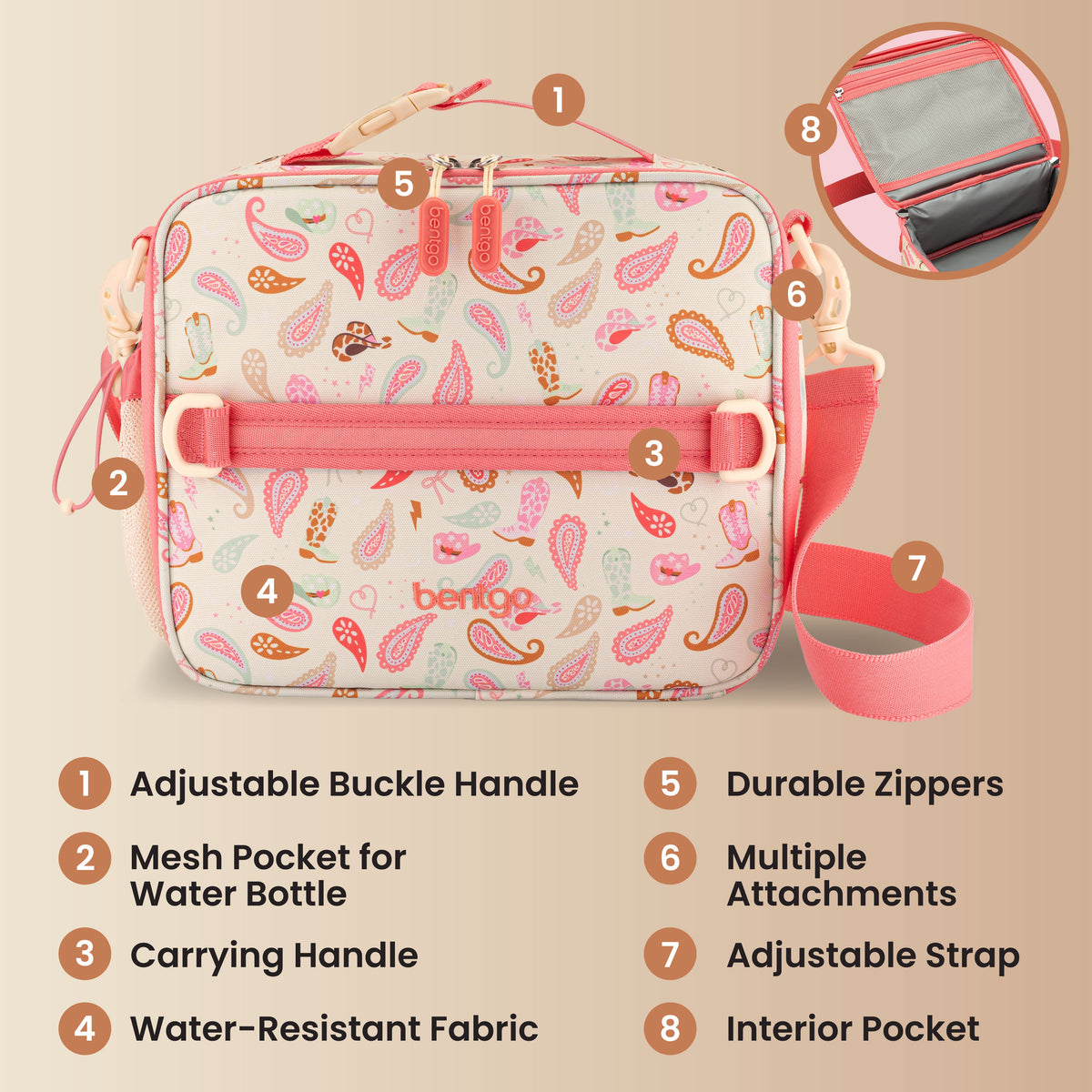 Bentgo® Kids Prints Lunch Bag - Cowgirl Dreams | Adjustable Buckle Handle, Mesh Pocket for Water Bottle, Carrying Handle, Water-Resistant Fabric, Durable Zippers, Multiple Attachments, Adjustable Strap, and Interior Pocket