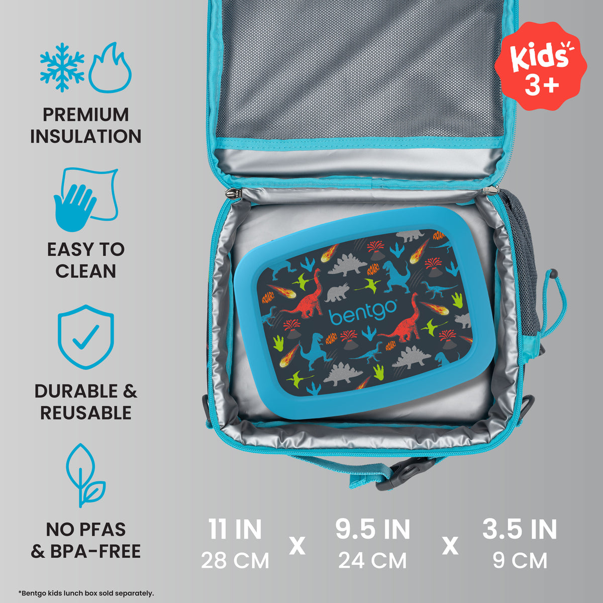 Bentgo® Kids Prints Lunch Bag - Dinosaur | Premium Insulation, Easy To Clean, Durable & Reusable, and No PFAs & BPA-Free | Product Dimensions
