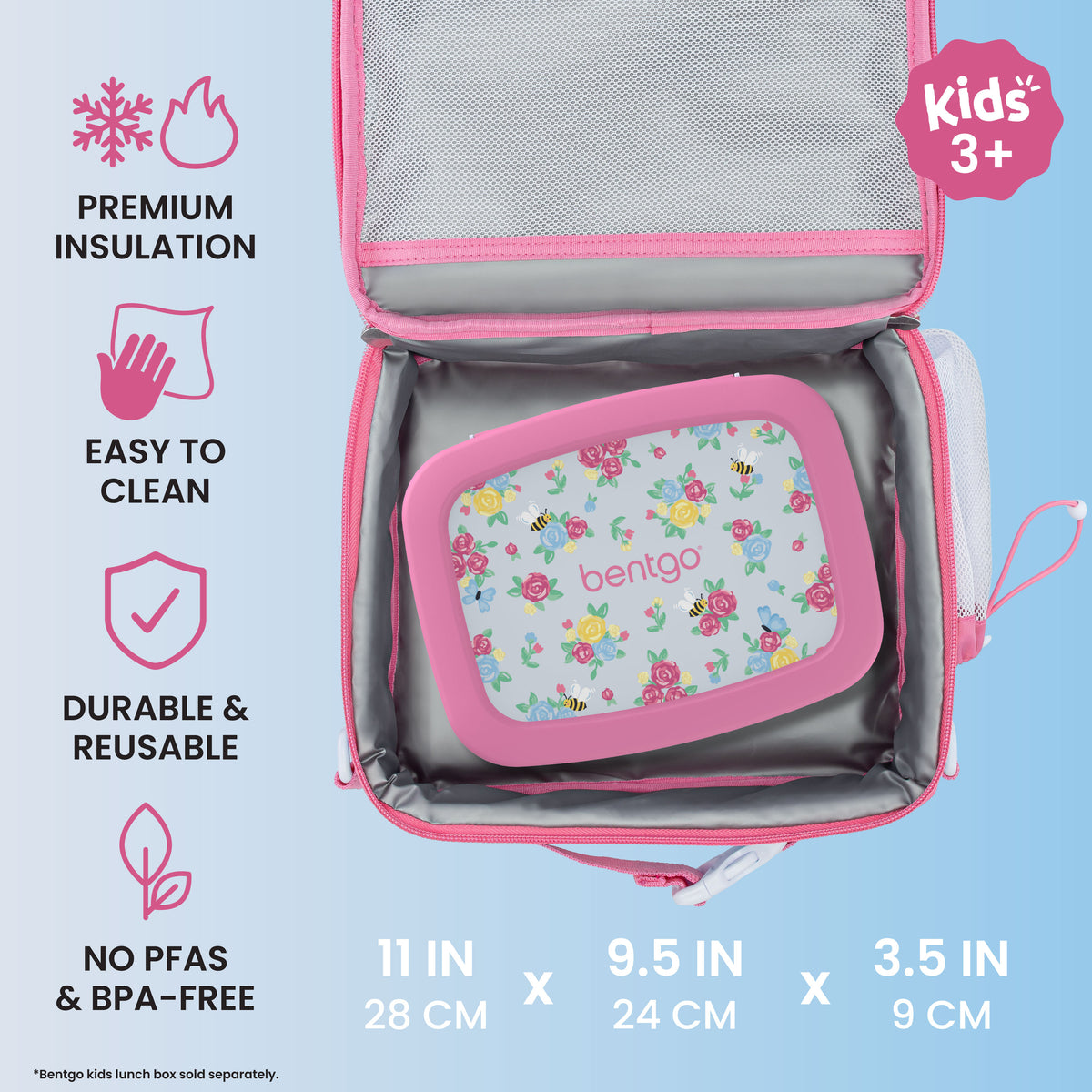 Bentgo® Kids Prints Lunch Bag - Blooming Floral | Premium Insulation, Easy To Clean, Durable & Reusable, and No PFAs & BPA-Free | Product Dimensions