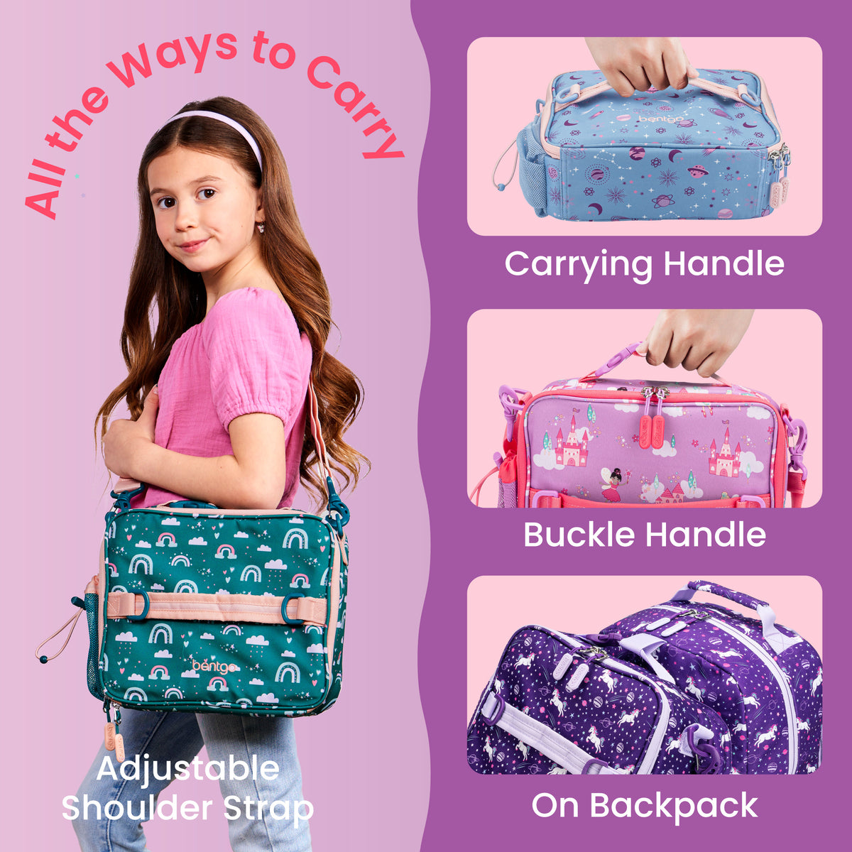 Bentgo® Kids Prints Lunch Bag - Fairies | All The Ways To Carry - Carrying Handle, Buckle Handle, and On Backpack

