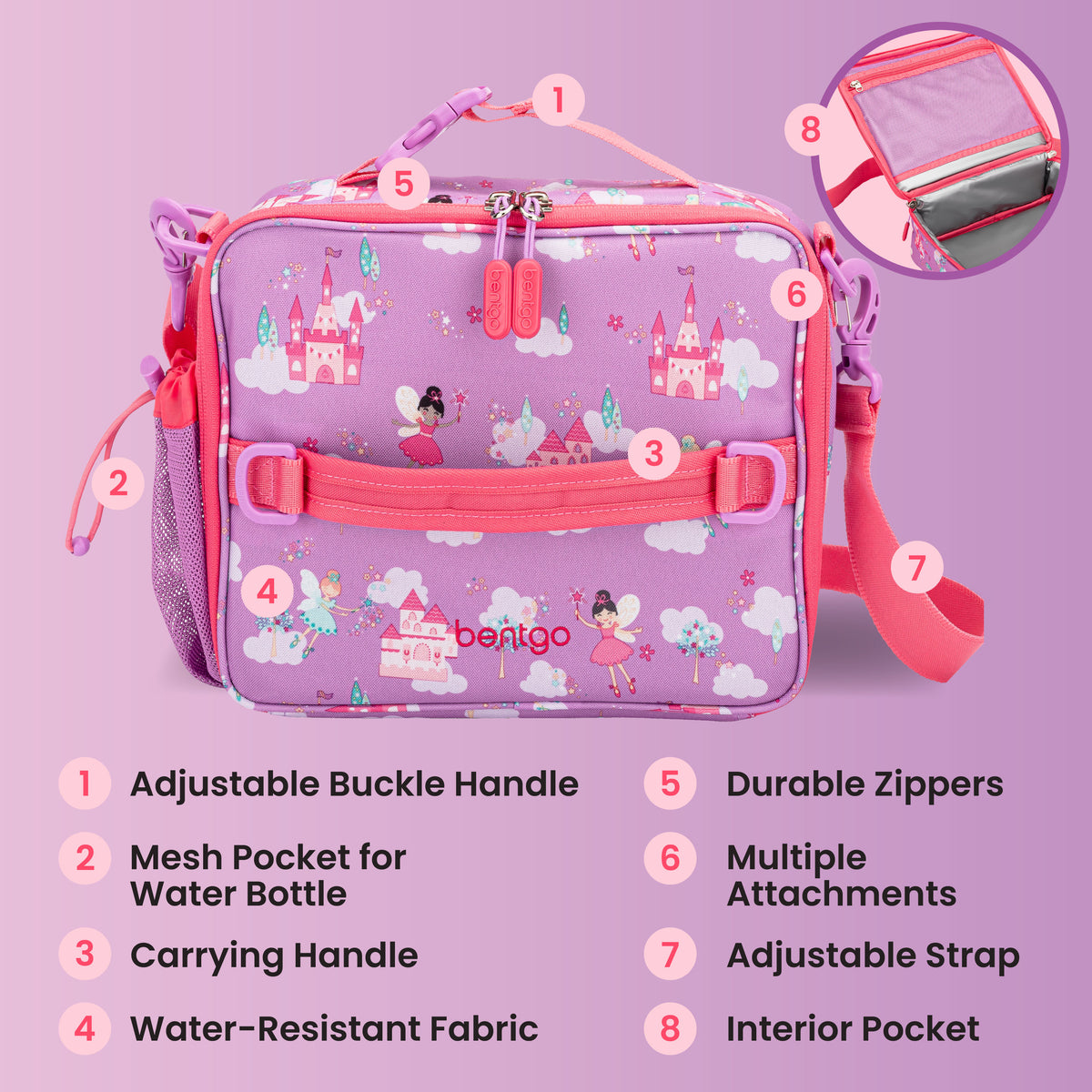 Bentgo® Kids Prints Lunch Bag - Fairies | Adjustable Buckle Handle, Mesh Pocket for Water Bottle, Carrying Handle, Water-Resistant Fabric, Durable Zippers, Multiple Attachments, Adjustable Strap, and Interior Pocket