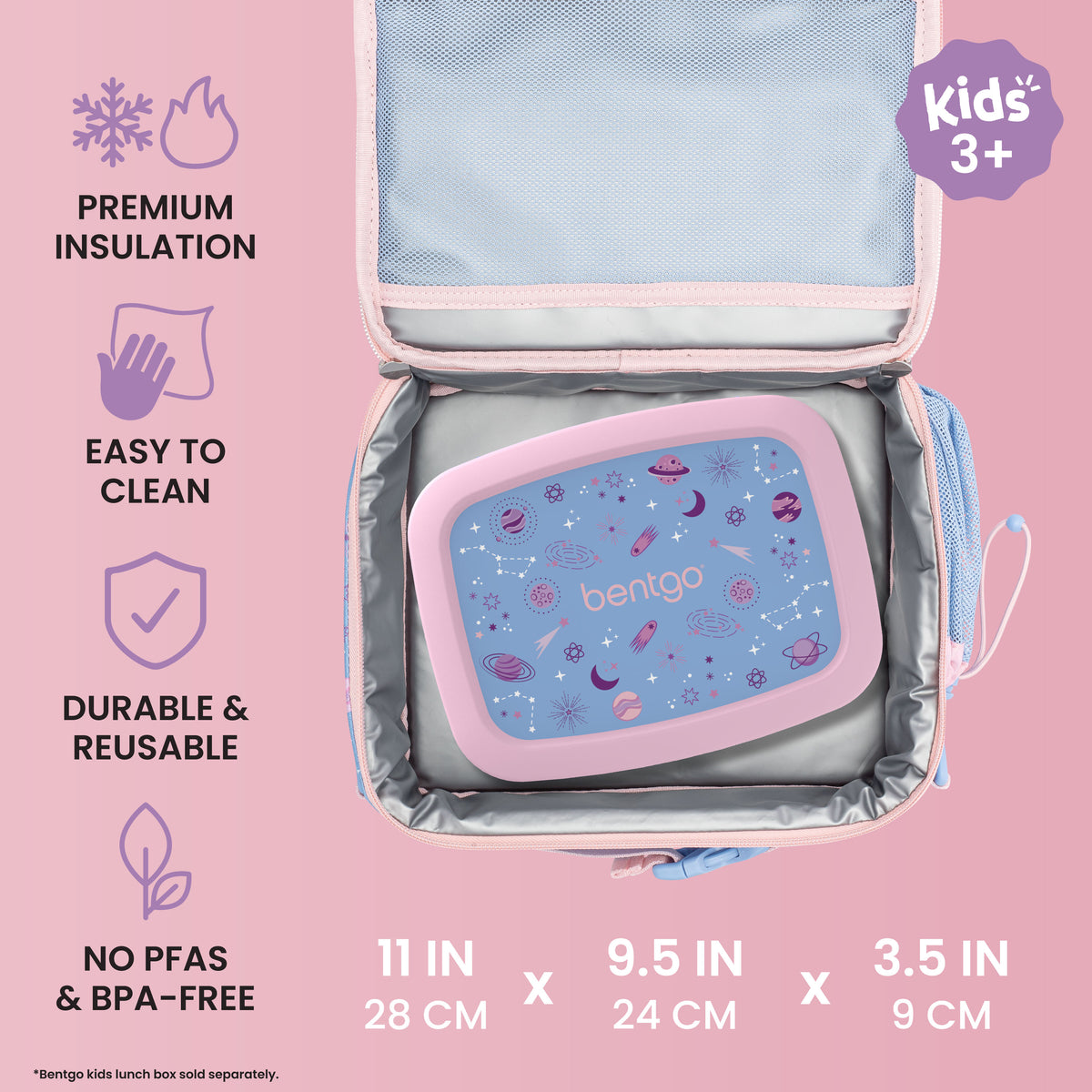 Bentgo® Kids Prints Lunch Bag - Lavender Galaxy | Premium Insulation, Easy To Clean, Durable & Reusable, and No PFAs & BPA-Free | Product Dimensions
