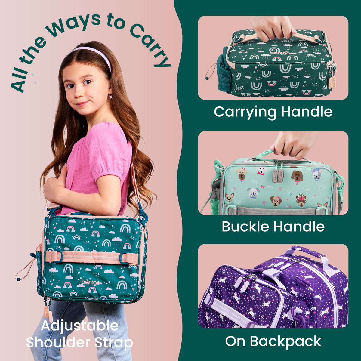 Bentgo® Kids Prints Lunch Bag - Green Rainbow | All The Ways To Carry - Carrying Handle, Buckle Handle, and On Backpack