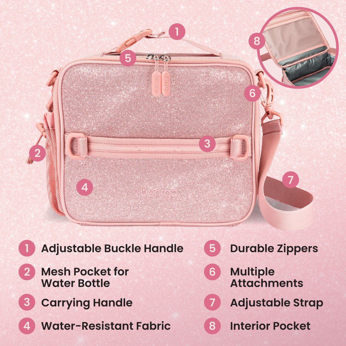 Bentgo® Kids Prints Lunch Bag - Petal Pink Glitter | Adjustable Buckle Handle, Mesh Pocket for Water Bottle, Carrying Handle, Water-Resistant Fabric, Durable Zippers, Multiple Attachments, Adjustable Strap, and Interior Pocket