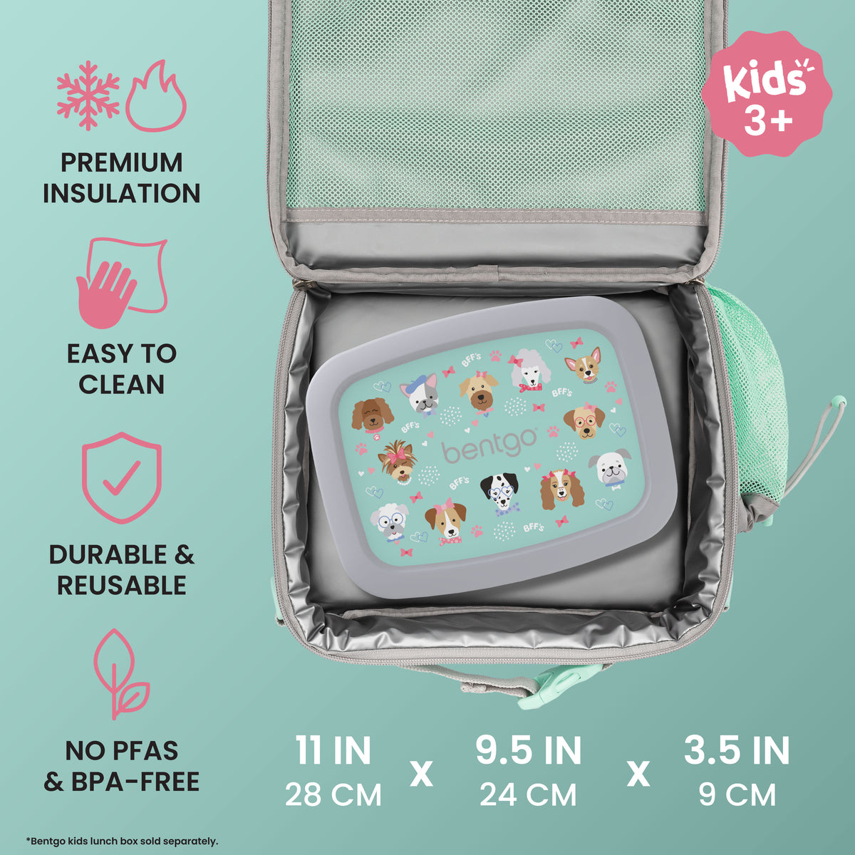 Bentgo® Kids Prints Lunch Bag - Puppy Love | Premium Insulation, Easy To Clean, Durable & Reusable, and No PFAs & BPA-Free | Product Dimensions