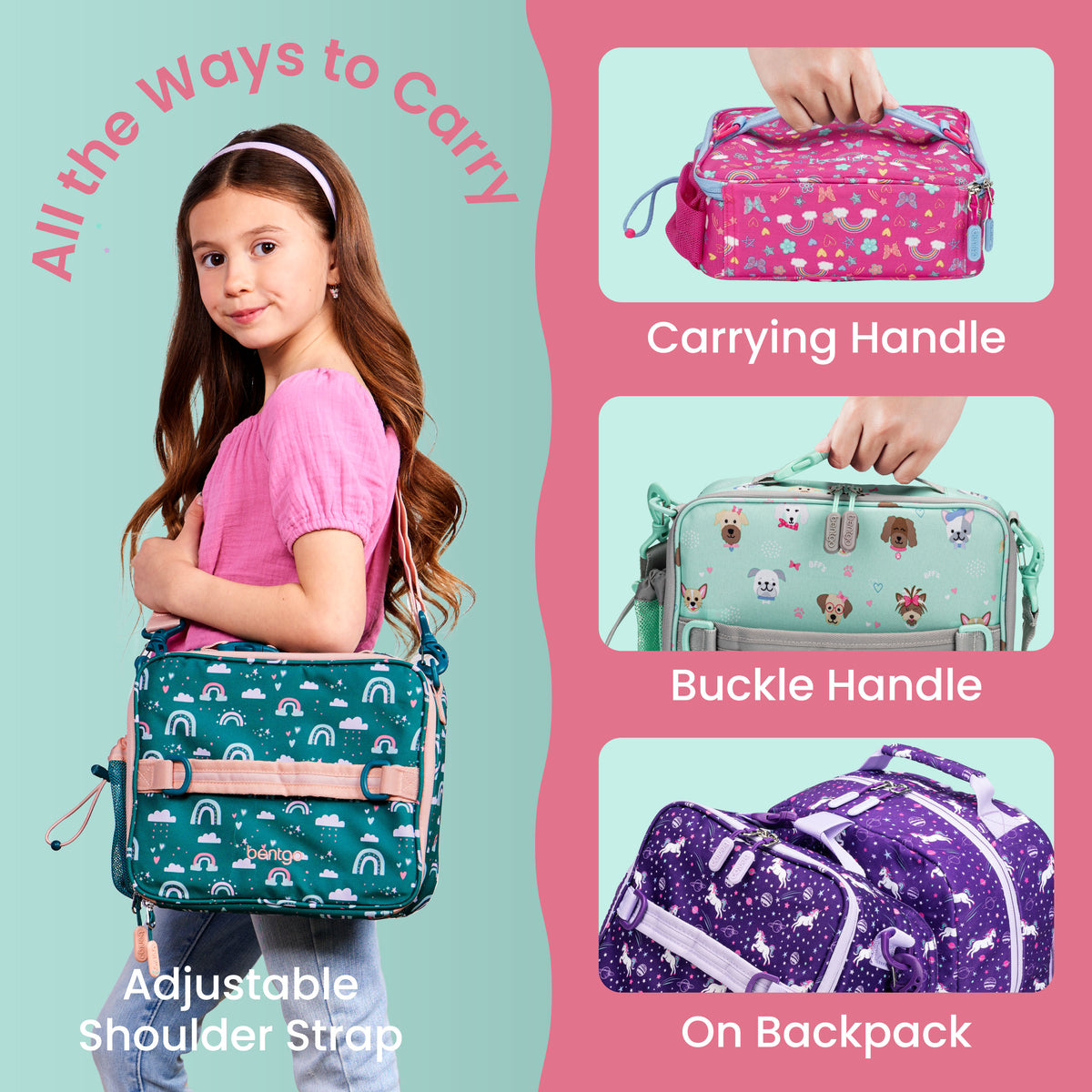 Bentgo® Kids Prints Lunch Bag - Puppy Love | All The Ways To Carry - Carrying Handle, Buckle Handle, and On Backpack