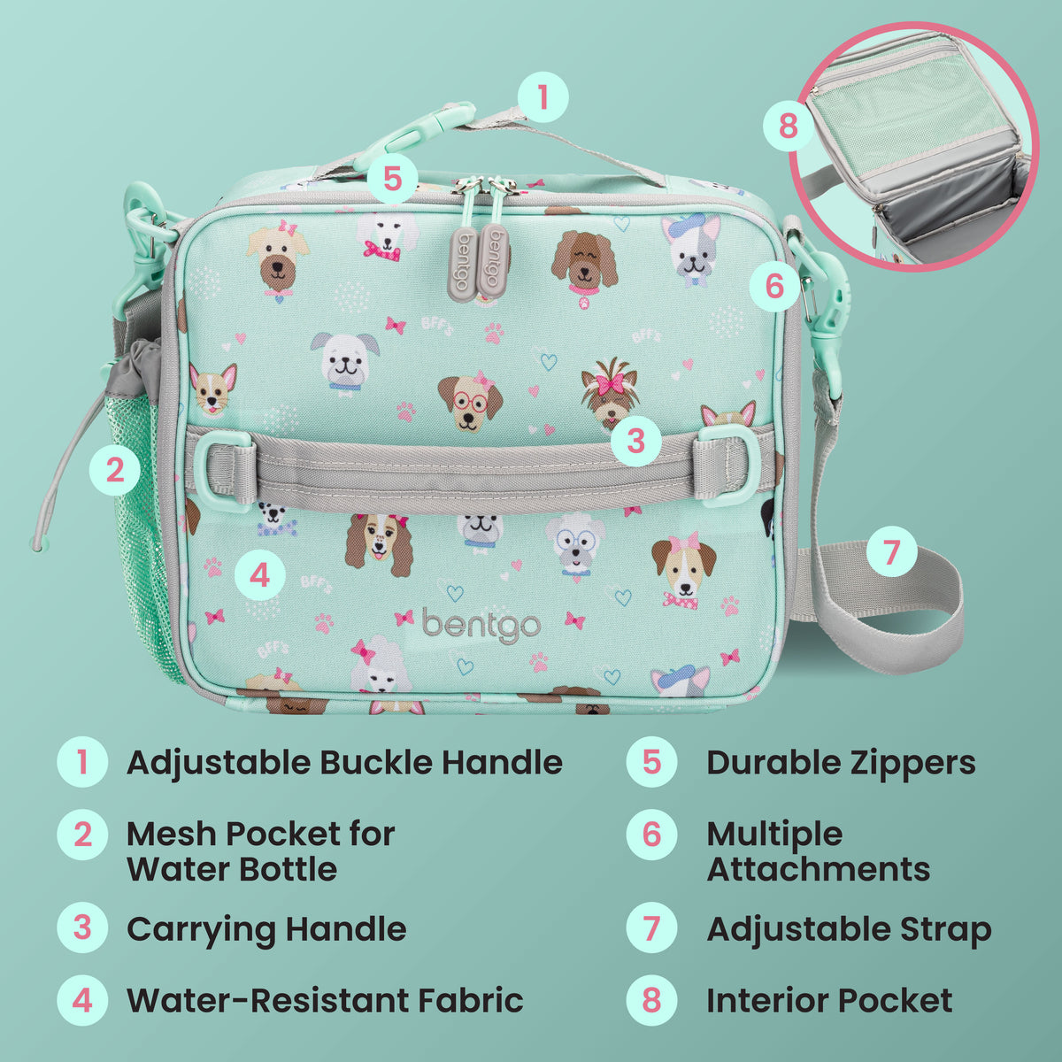 Bentgo® Kids Prints Lunch Bag - Puppy Love | Adjustable Buckle Handle, Mesh Pocket for Water Bottle, Carrying Handle, Water-Resistant Fabric, Durable Zippers, Multiple Attachments, Adjustable Strap, and Interior Pocket