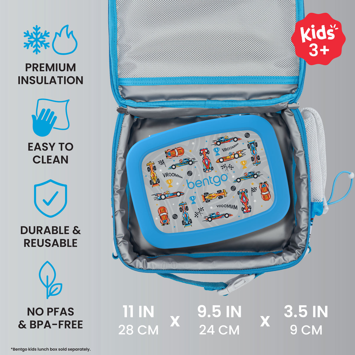 Bentgo® Kids Prints Lunch Bag - Race Cars | Premium Insulation, Easy To Clean, Durable & Reusable, and No PFAs & BPA-Free | Product Dimensions
