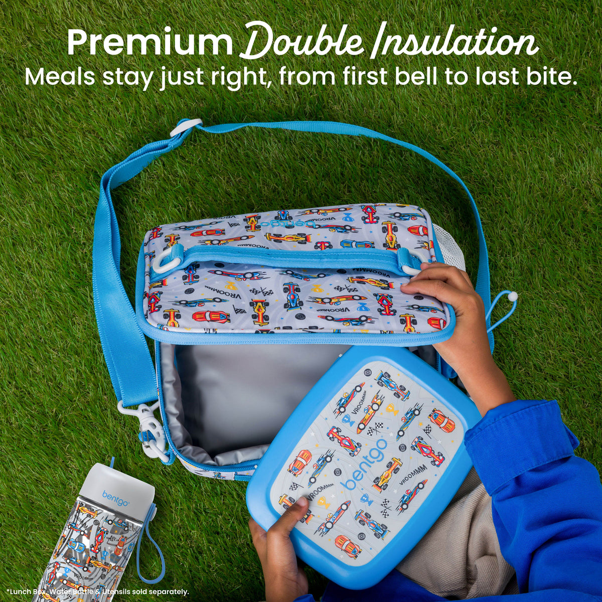 Bentgo® Kids Prints Lunch Bag - Race Cars | Premium Double Insulation - Meals Stay Just Right, From First Bell To Last Bite