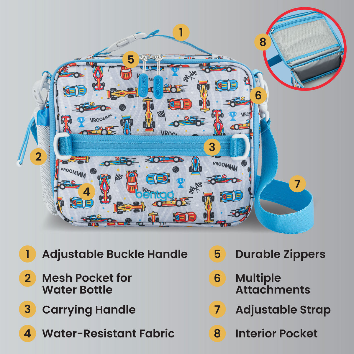 Bentgo® Kids Prints Lunch Bag - Race Cars | Adjustable Buckle Handle, Mesh Pocket for Water Bottle, Carrying Handle, Water-Resistant Fabric, Durable Zippers, Multiple Attachments, Adjustable Strap, and Interior Pocket