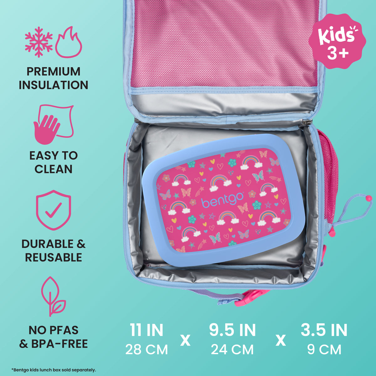Bentgo® Kids Prints Lunch Bag - Rainbows and Butterflies | Premium Insulation, Easy To Clean, Durable & Reusable, and No PFAs & BPA-Free | Product Dimensions
