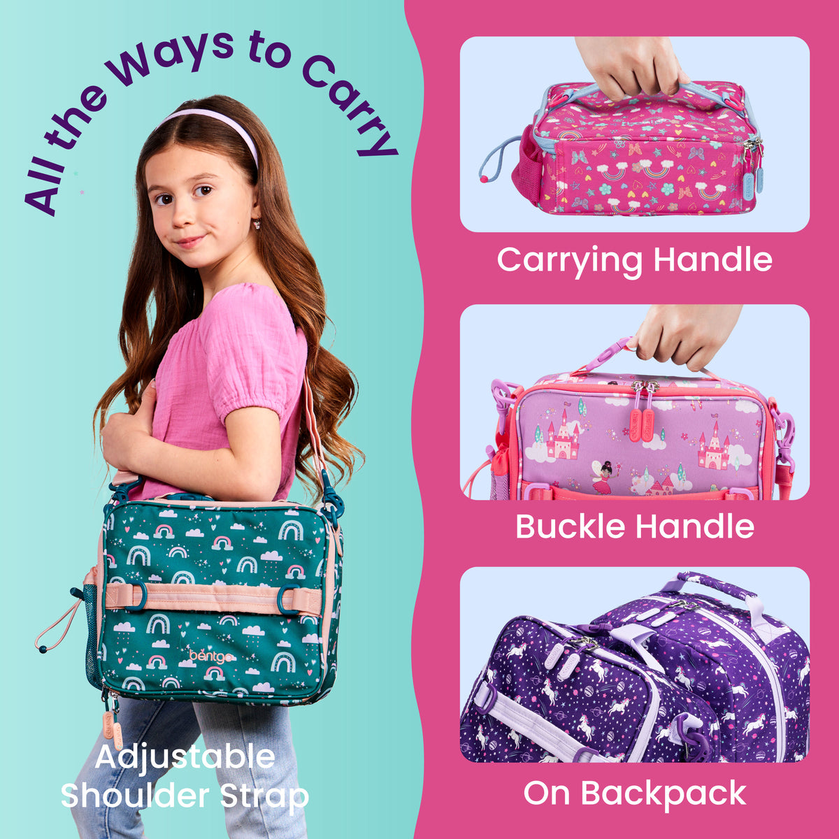 Bentgo® Kids Prints Lunch Bag - Rainbows and Butterflies | All The Ways To Carry - Carrying Handle, Buckle Handle, and On Backpack