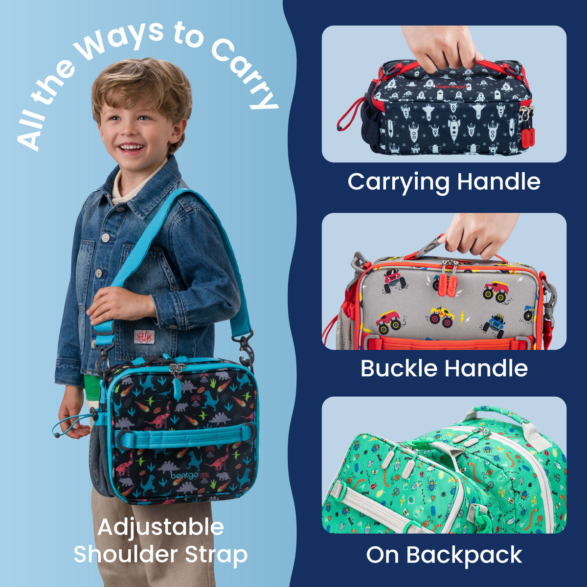 Bentgo® Kids Prints Lunch Bag - Space Rockets | All The Ways To Carry - Carrying Handle, Buckle Handle, and On Backpack