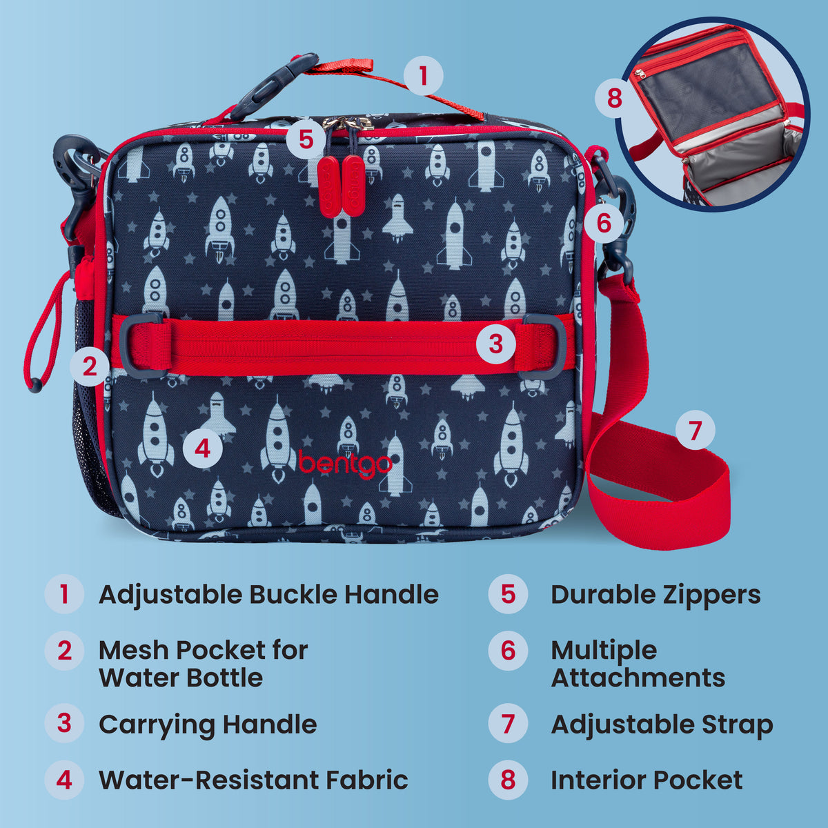 Bentgo® Kids Prints Lunch Bag - Space Rockets | Adjustable Buckle Handle, Mesh Pocket for Water Bottle, Carrying Handle, Water-Resistant Fabric, Durable Zippers, Multiple Attachments, Adjustable Strap, and Interior Pocket