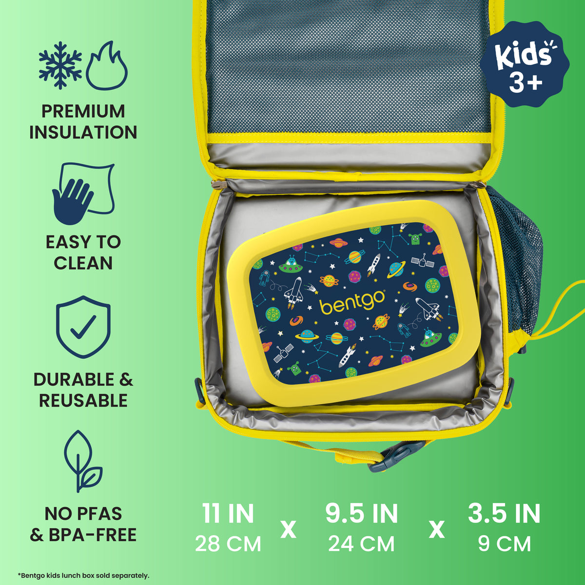 Bentgo® Kids Prints Lunch Bag - Space | Premium Insulation, Easy To Clean, Durable & Reusable, and No PFAs & BPA-Free | Product Dimensions