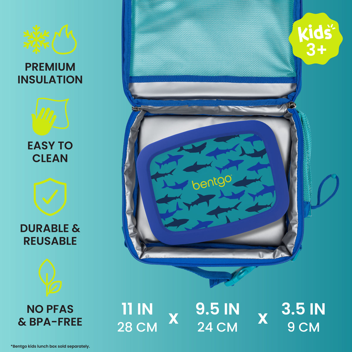 Bentgo® Kids Prints Lunch Bag - Sharks | Premium Insulation, Easy To Clean, Durable & Reusable, and No PFAs & BPA-Free | Product Dimensions