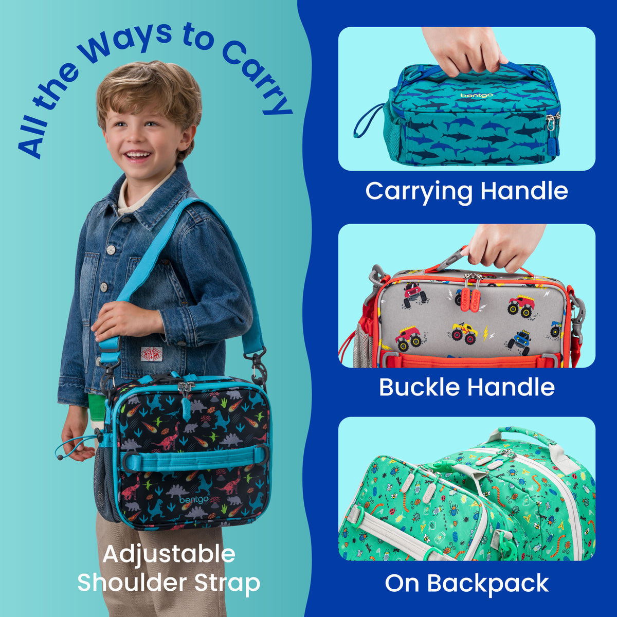 Bentgo® Kids Prints Lunch Bag - Sharks | All The Ways To Carry - Carrying Handle, Buckle Handle, and On Backpack
