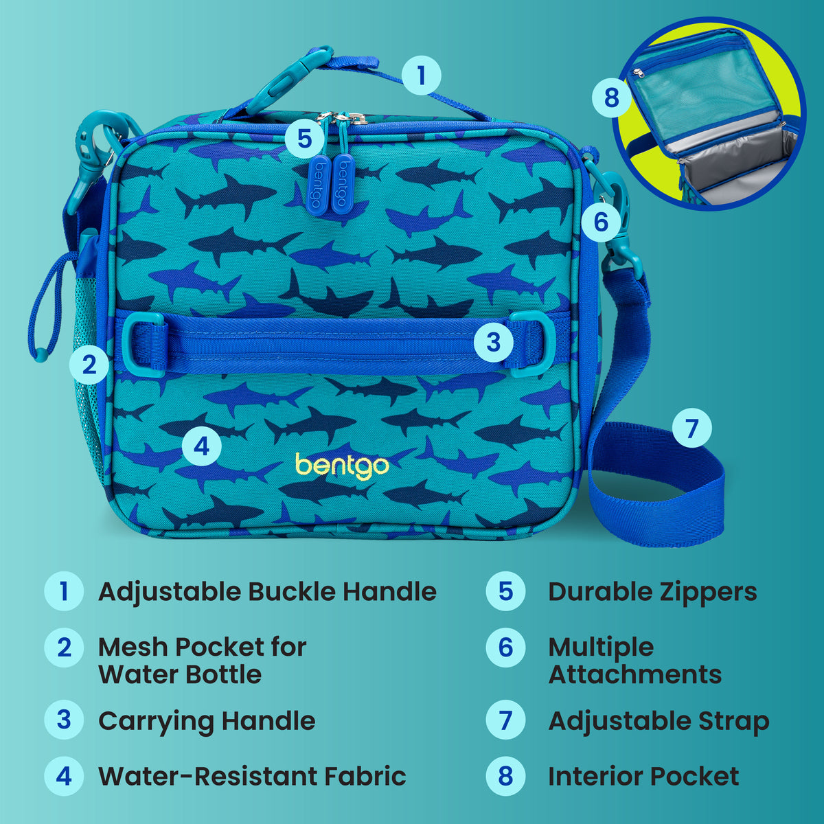 Bentgo® Kids Prints Lunch Bag - Sharks | Adjustable Buckle Handle, Mesh Pocket for Water Bottle, Carrying Handle, Water-Resistant Fabric, Durable Zippers, Multiple Attachments, Adjustable Strap, and Interior Pocket