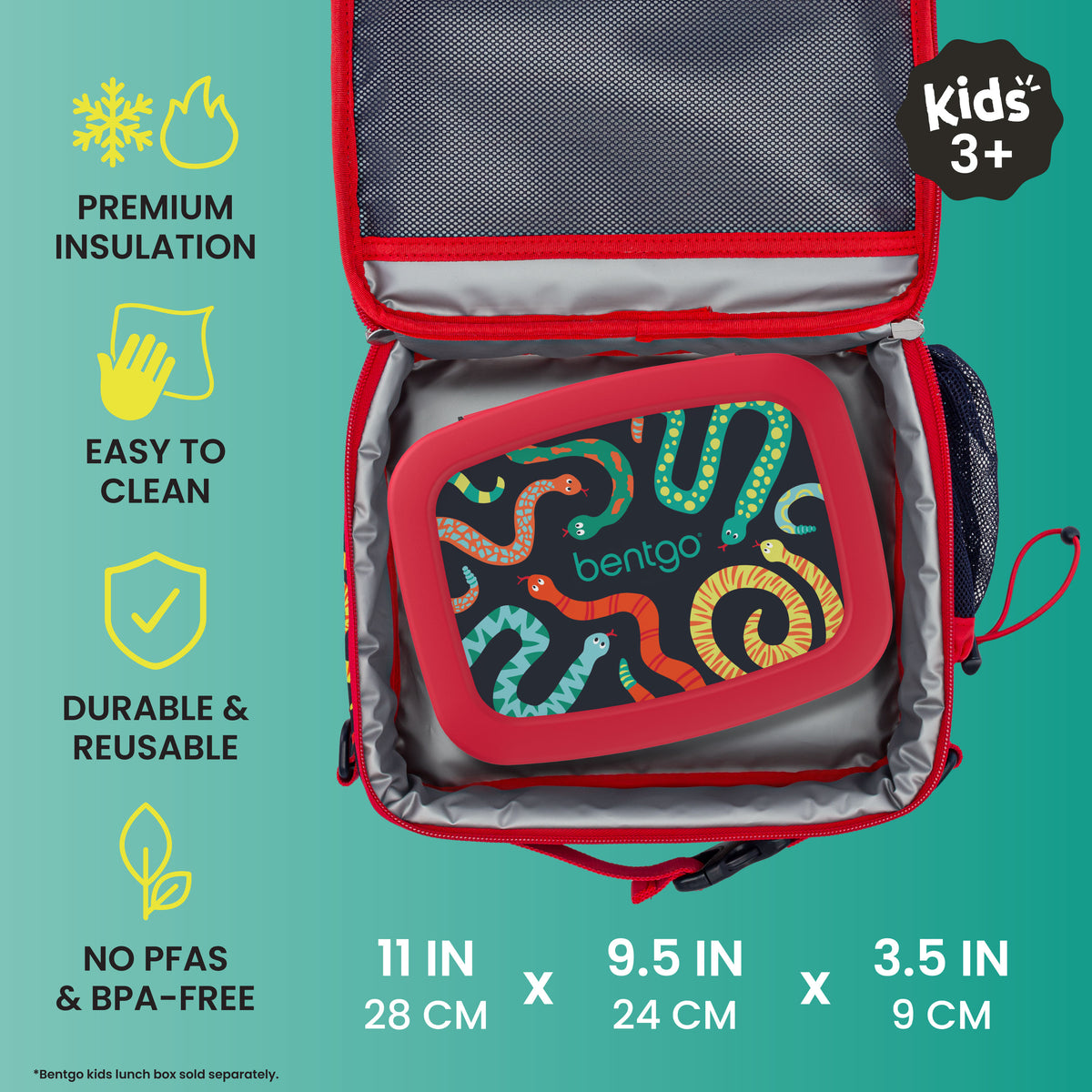 Bentgo® Kids Prints Lunch Bag - Sssnakes | Premium Insulation, Easy To Clean, Durable & Reusable, and No PFAs & BPA-Free | Product Dimensions