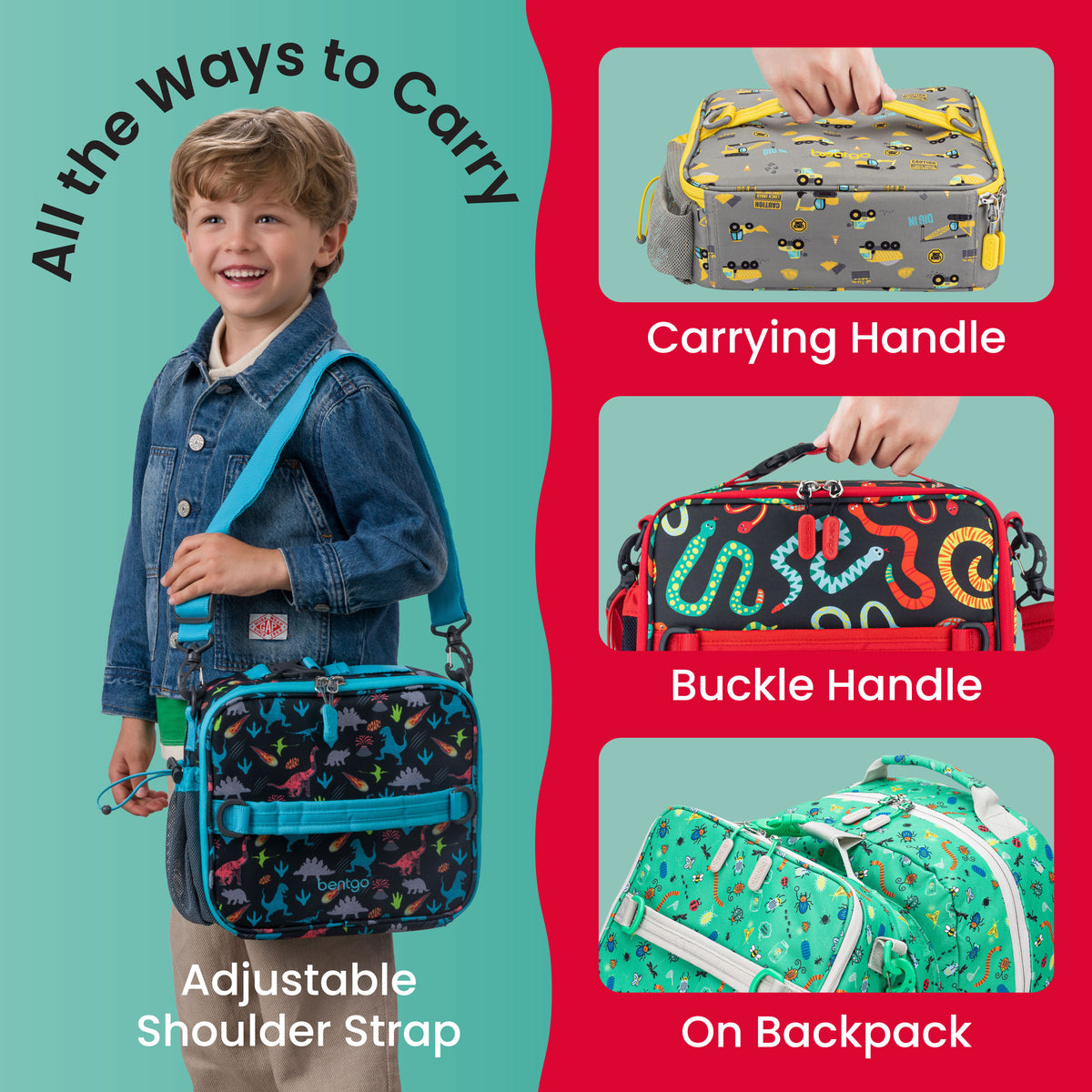 Bentgo® Kids Prints Lunch Bag - Sssnakes | All The Ways To Carry - Carrying Handle, Buckle Handle, and On Backpack
