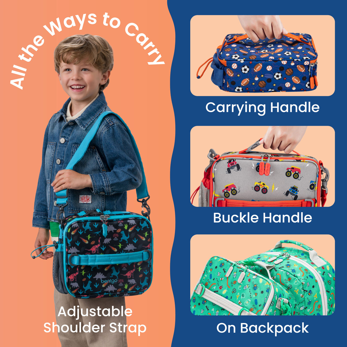 Bentgo® Kids Prints Lunch Bag - Sports | All The Ways To Carry - Carrying Handle, Buckle Handle, and On Backpack