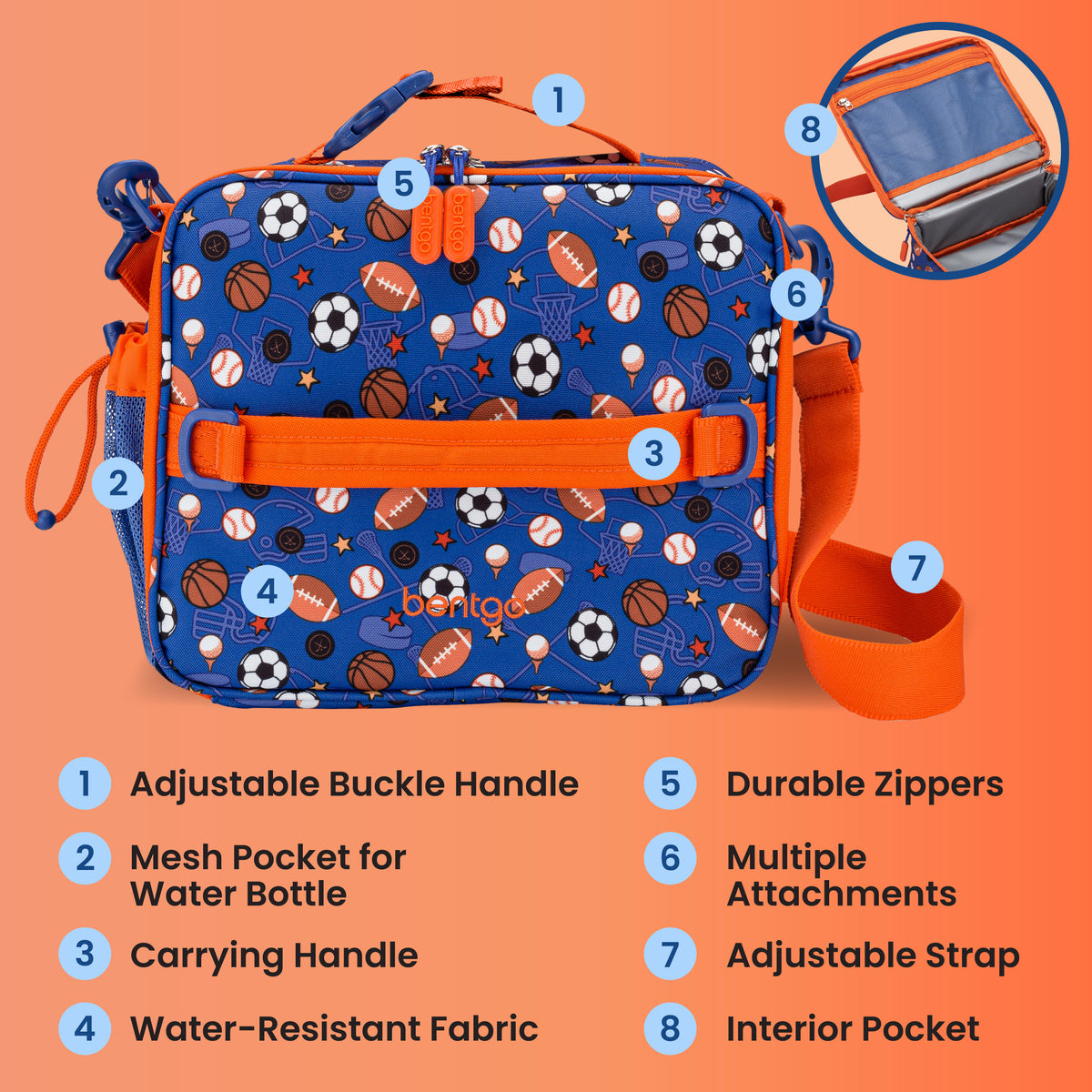Bentgo® Kids Prints Lunch Bag - Sports | Adjustable Buckle Handle, Mesh Pocket for Water Bottle, Carrying Handle, Water-Resistant Fabric, Durable Zippers, Multiple Attachments, Adjustable Strap, and Interior Pocket