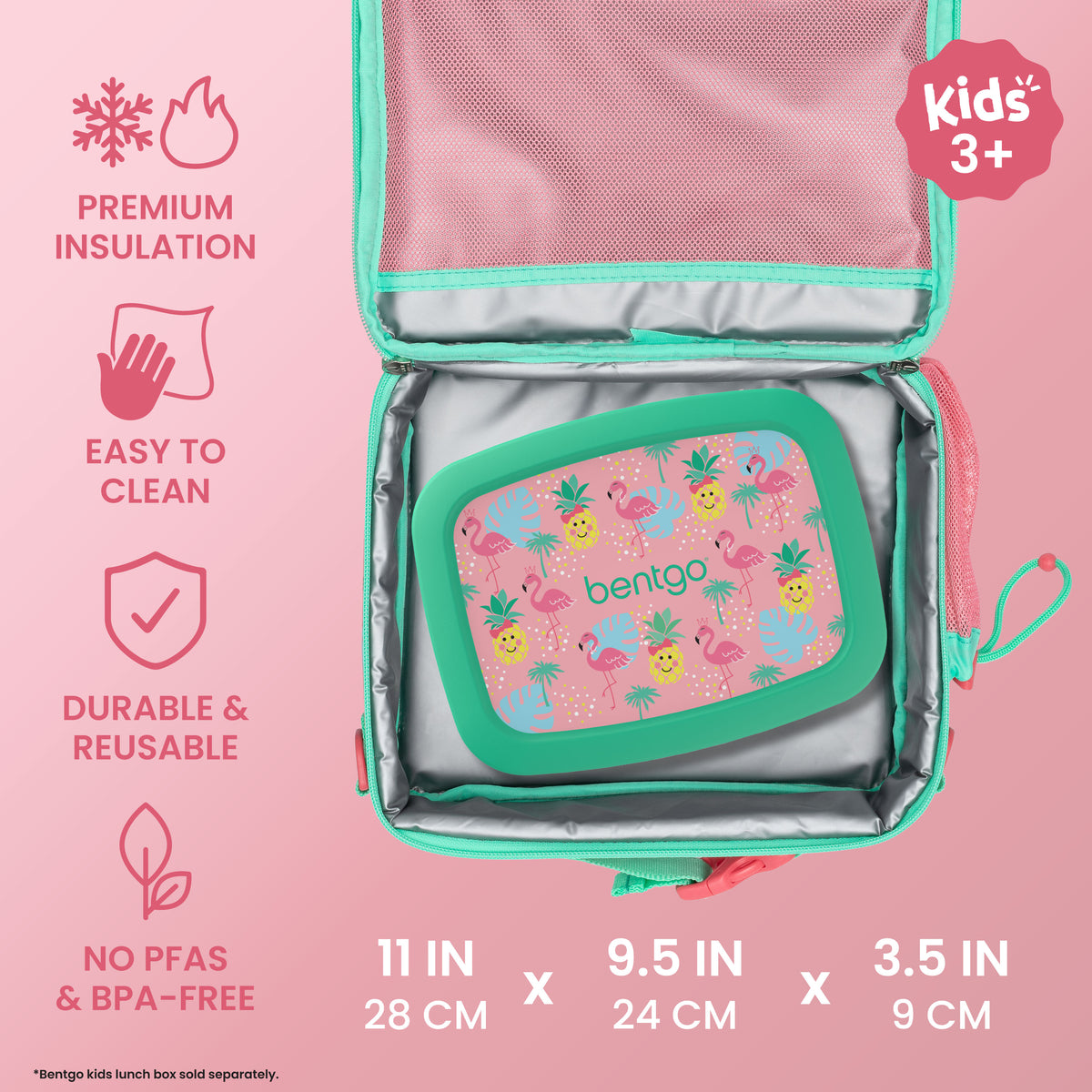 Bentgo® Kids Prints Lunch Bag - Tropical | Premium Insulation, Easy To Clean, Durable & Reusable, and No PFAs & BPA-Free | Product Dimensions