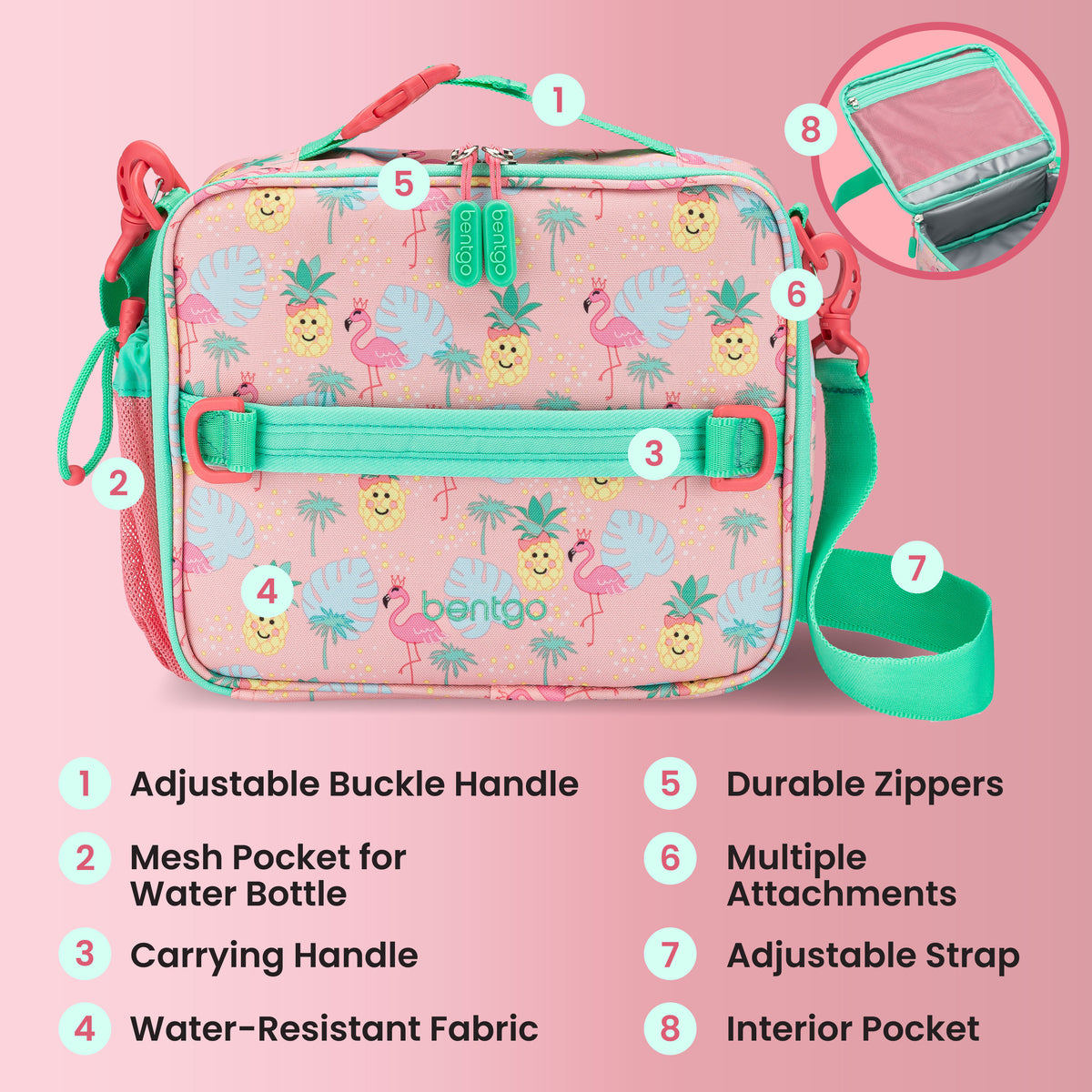 Bentgo® Kids Prints Lunch Bag - Tropical | Adjustable Buckle Handle, Mesh Pocket for Water Bottle, Carrying Handle, Water-Resistant Fabric, Durable Zippers, Multiple Attachments, Adjustable Strap, and Interior Pocket