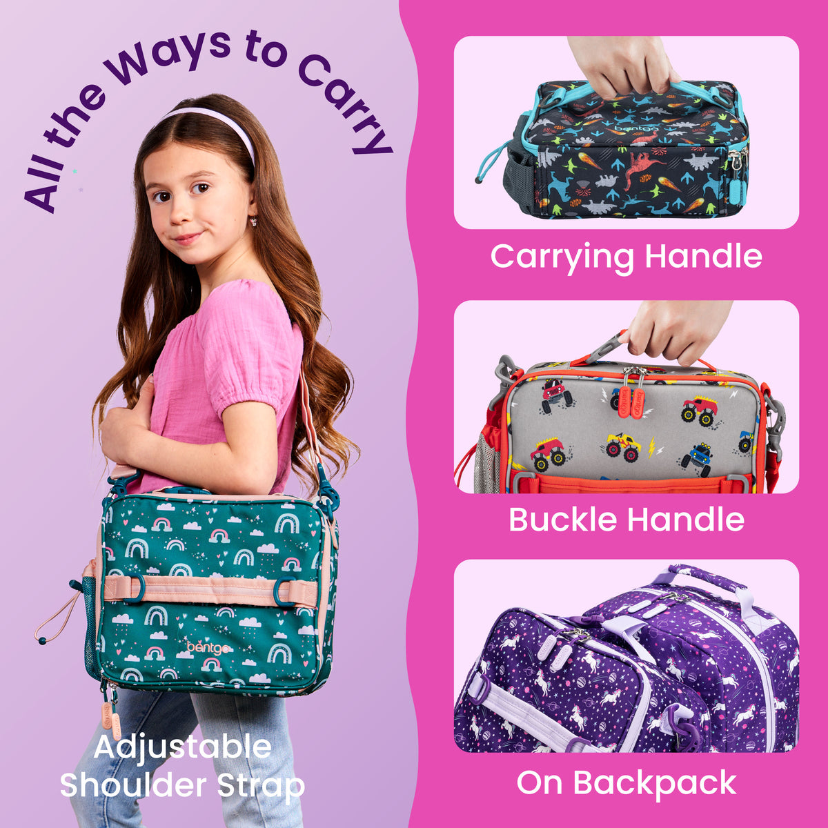 Bentgo® Kids Prints Lunch Bag - Unicorn | All The Ways To Carry - Carrying Handle, Buckle Handle, and On Backpack