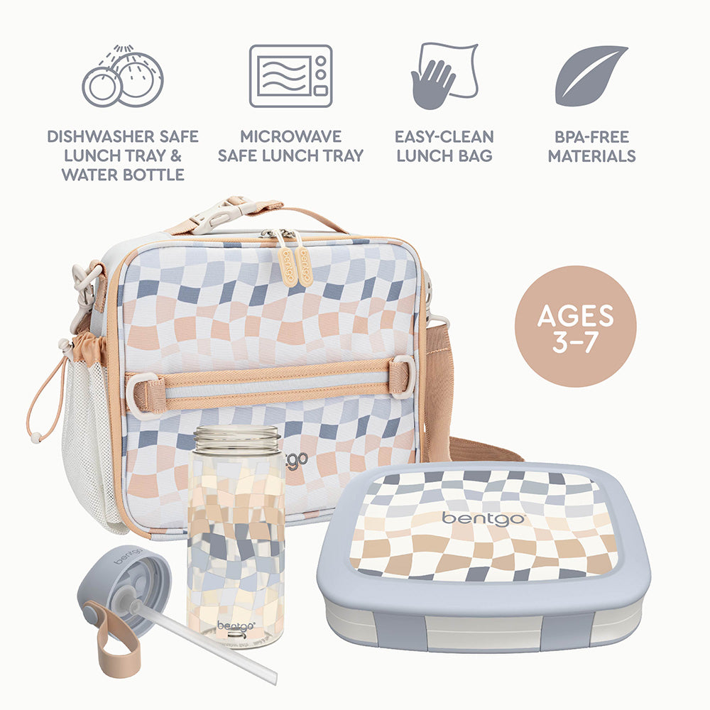 Bentgo Kids Whimsy & Wonder Prints Pack  - Checker Gradient | Dishwasher Safe Lunch Tray & Water Bottle, Microwave Safe Lunch Tray, Easy-Clean Lunch Bag, And BPA-Free Materials