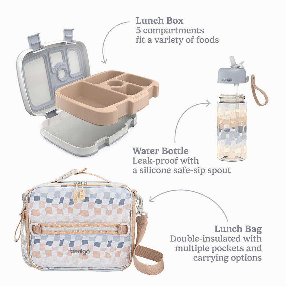 Bentgo Kids Whimsy & Wonder Prints Pack  - Checker Gradient | Lunch Box, Water Bottle, And Lunch Bag