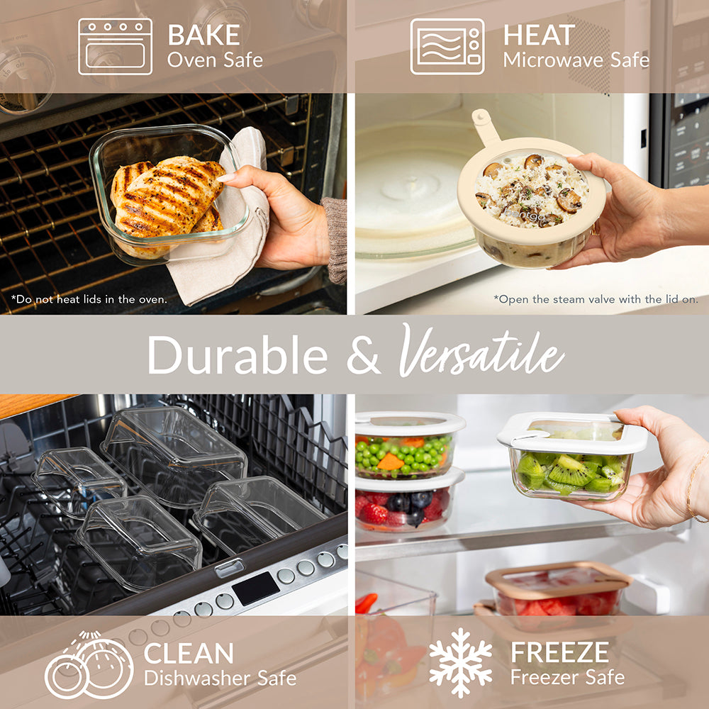 Bentgo Signature Glass Food Storage Set (10-Piece) - White Stone | Durable & Versatile - Oven-Safe, Microwave Safe, Freezer Safe, And Dishwasher Safe