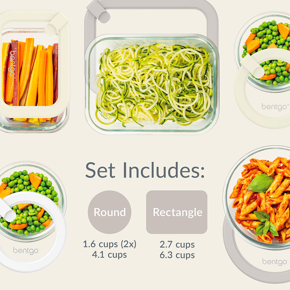 Bentgo Signature Glass Food Storage Set (10-pcs)  - White Stone | Dimensions + What’s In The Box