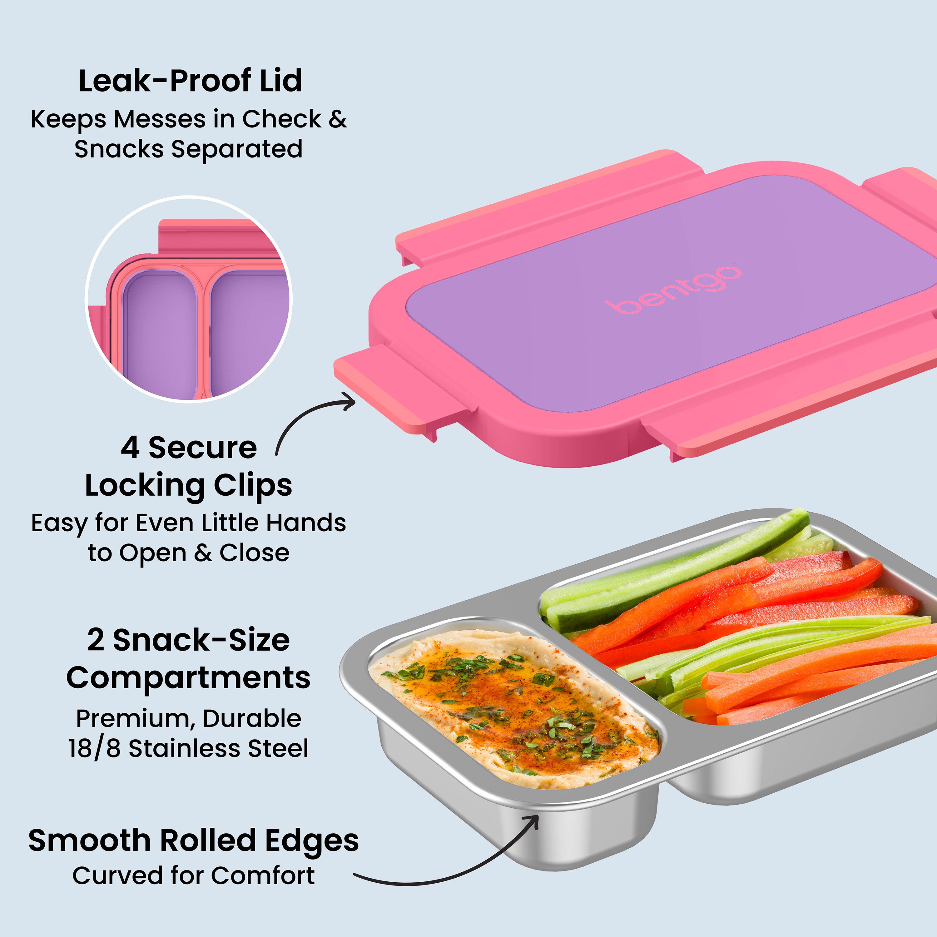Bentgo Stainless Steel Snack Box - Lilac Pink | Leak-Proof Lid - Keeps Messes In Check & Snacks Separated, 4 Secure Locking Clips - Easy For Even Little Hands To Open & Close, 2 Snack-Size Compartments - Premium, Durable 18/8 Stainless Steel, And Smooth Rolled Edges  - Curved For Comfort