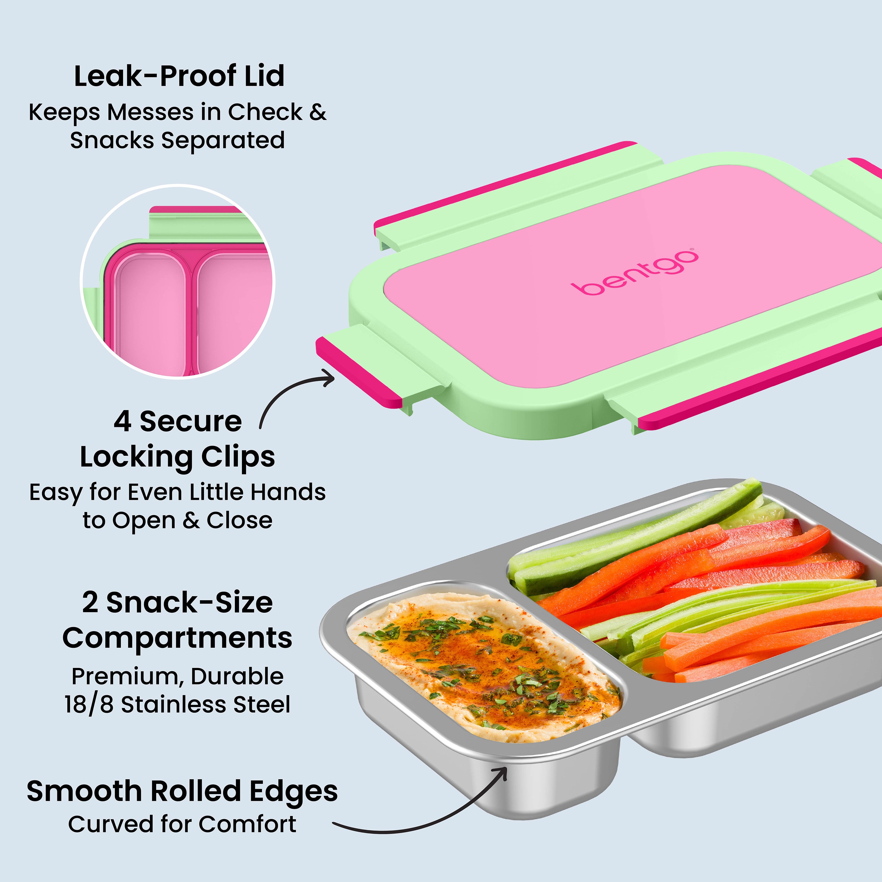 Bentgo Stainless Steel Snack Box - Strawberry | Leak-Proof Lid - Keeps Messes In Check & Snacks Separated, 4 Secure Locking Clips - Easy For Even Little Hands To Open & Close, 2 Snack-Size Compartments - Premium, Durable 18/8 Stainless Steel, And Smooth Rolled Edges  - Curved For Comfort