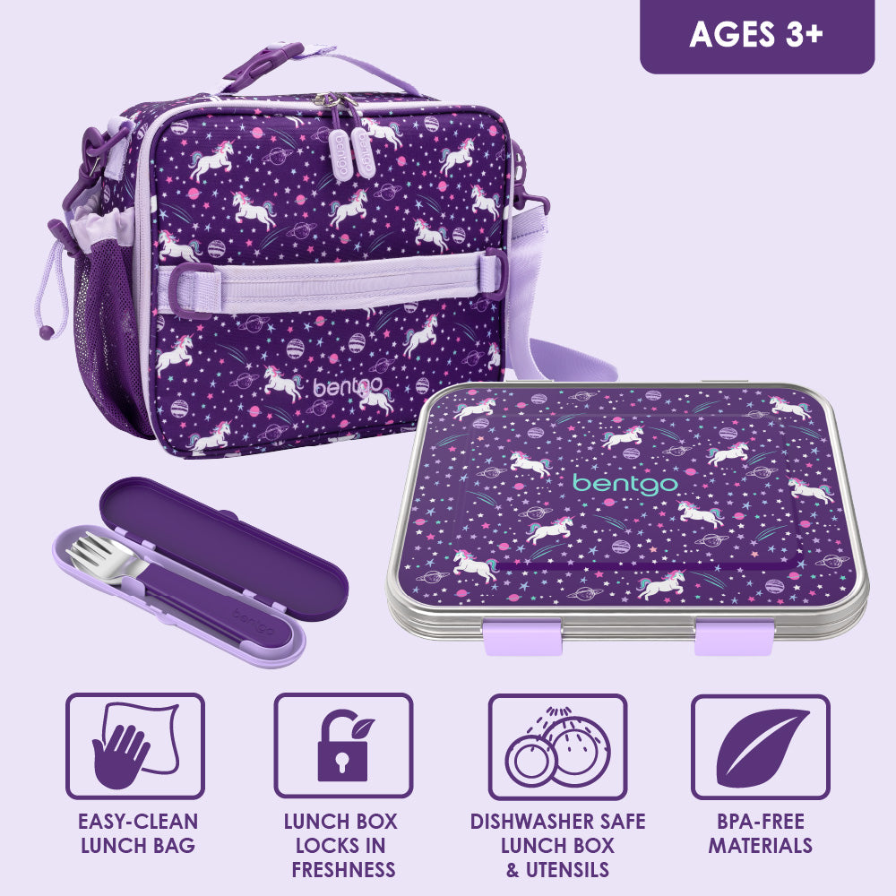 Bentgo® Kids Stainless Steel Lunch Set - Unicorn | Easy-Clean Lunch Bag, Lunch Box Locks In Freshness, And Dishwasher Safe Lunch Box & Utensils
