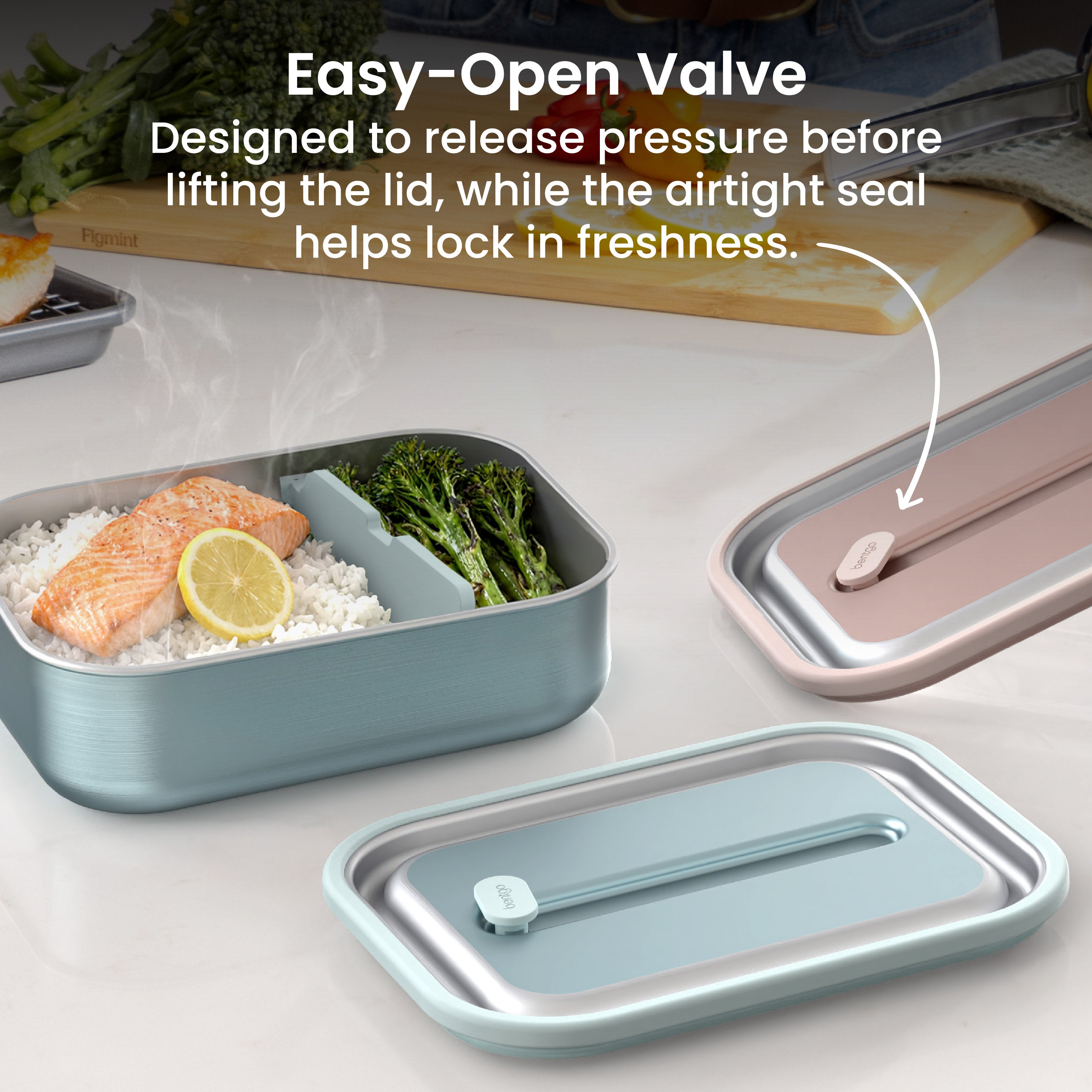 Bentgo® MicroSteel Lunch Box - Aqua | Easy-Open Valve - Designed To Release Pressure Before Lifting The Lid, While The Airtight Seal Helps Lock In Freshness
