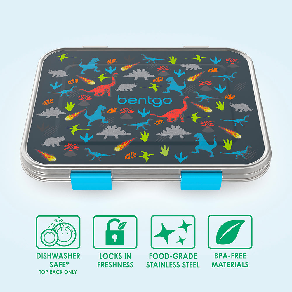 Bentgo® Kids Stainless Steel Prints Lunch Box  - Dinosaur | Dishwasher Safe (Top Rack Only), Locks In Freshness, Food-Grade Stainless Steel, And Made With BPA-Free Materials
