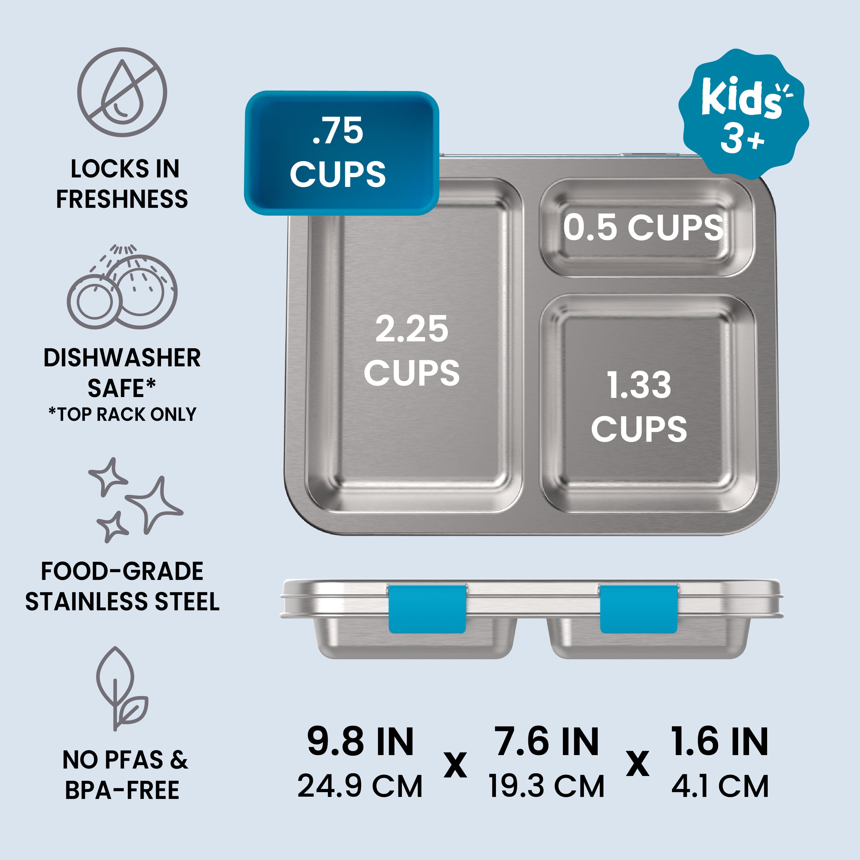Bentgo® Kids Stainless Steel Prints Lunch Box  - Dinosaur | Locks In Freshness, Dishwasher Safe (Top Rack Only), Food-Grade Stainless Steel, and No PFAS & BPA-Free | Product Dimensions
