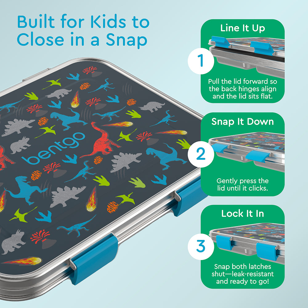 Bentgo® Kids Stainless Steel Prints Lunch Box  - Dinosaur | Built for Kids to Close in a Snap | Line It Up, Snap It Down, and Lock It In