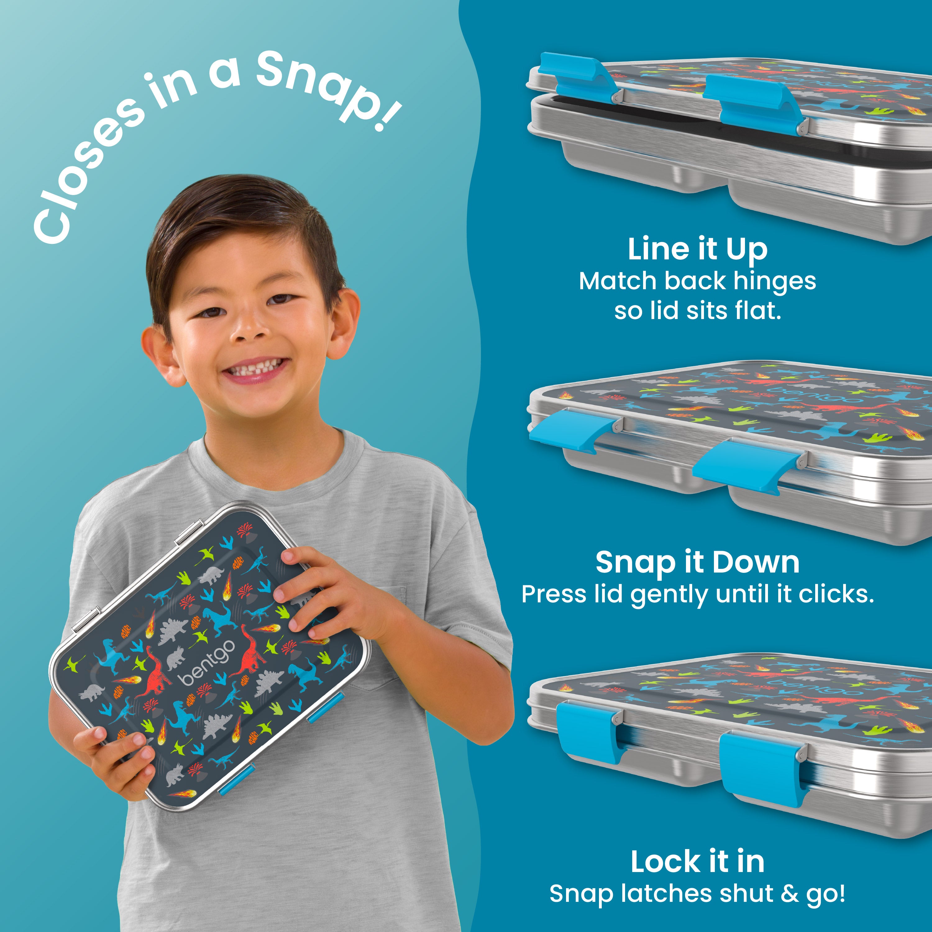 Bentgo® Kids Stainless Steel Prints Lunch Box  - Dinosaur | Closes in a Snap | Line It Up - Match Back Hinges So Lid Sits Flat, Snap It Down - Press Lid Gently Until It Clicks, Lock It In - Snap Latches Shut & Go